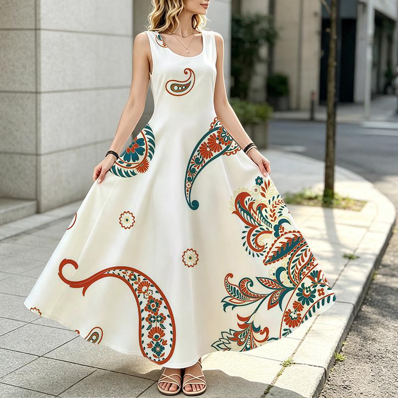 Women's Summer Bohemian Paisley Print Sleeveless Maxi Dress,Loose Fit Soft Fabric,Versatile for Casual Daily & Vacation Wear