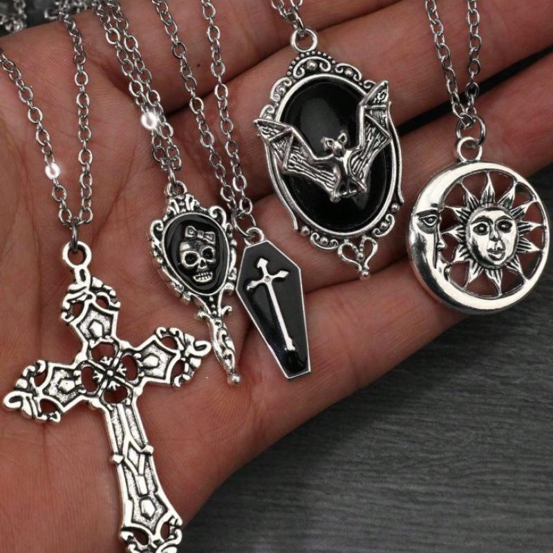 Y2K Gothic Punk Bat Gem Cross & Coffin Pendant Necklace