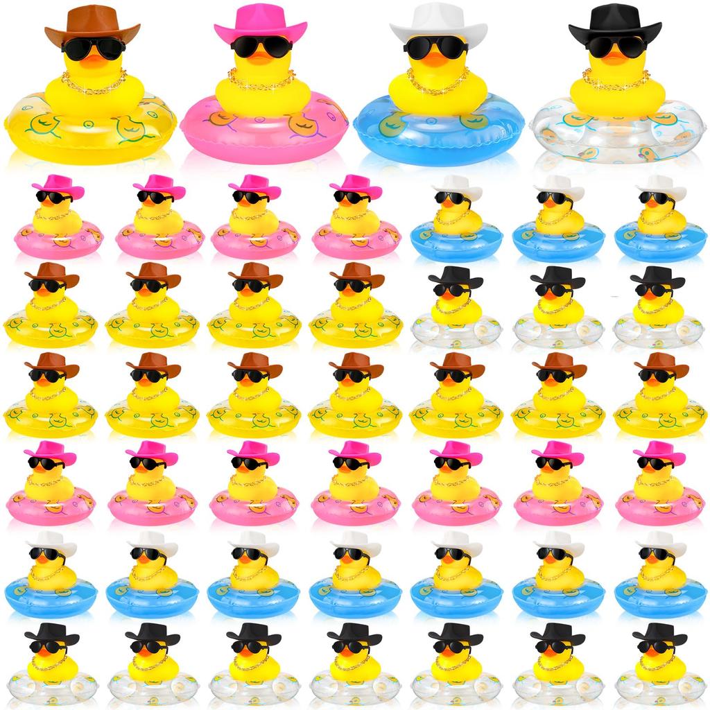6-60 Set Cowboy Rubber Duck Bulk Mini Car Yellow Duckies Bath Toys Party Favor With Mini Hat Swim Circle Necklace Sunglasses
