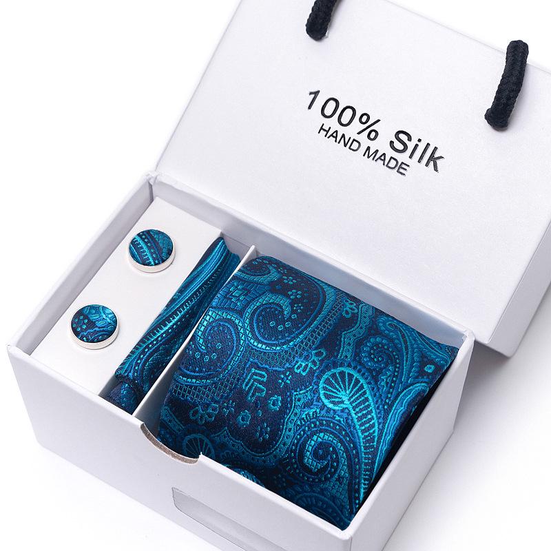 Men's 1200-Needle High-Density Business Stripe & Paisley Tie Set - 6 Piece Groom & Wedding Gift Box