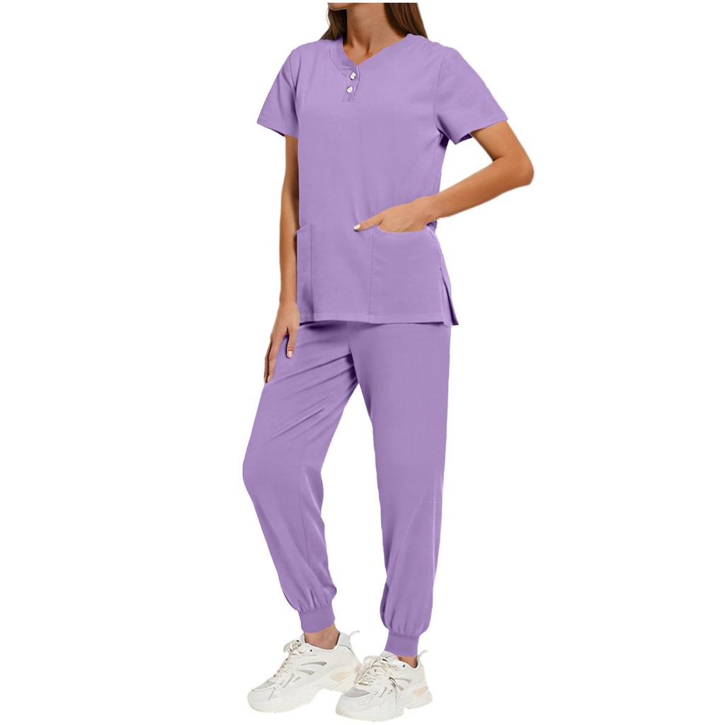 Nursing Scrub Set Women Quick Dry Fabric V Neck Short Sleeve Top with Pockets and Elastic Waist Long Pants Medical Uniform Workwear Set