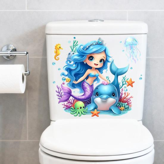 Toilet Sticker, Traceless Tear-Off Design Waterproof PVC Decal, Self-Adhesive Ocean Mermaid Pattern Bathroom Sticker with Dolphins Jellyfish Seahorses