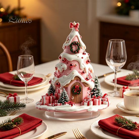 Sturdy Seasonal Shelf Decorations Winter Christmas Tree Cottage Table Decoration, Double Sided Acrylic Xmas Cabin Ornament Indoor Atmosphere