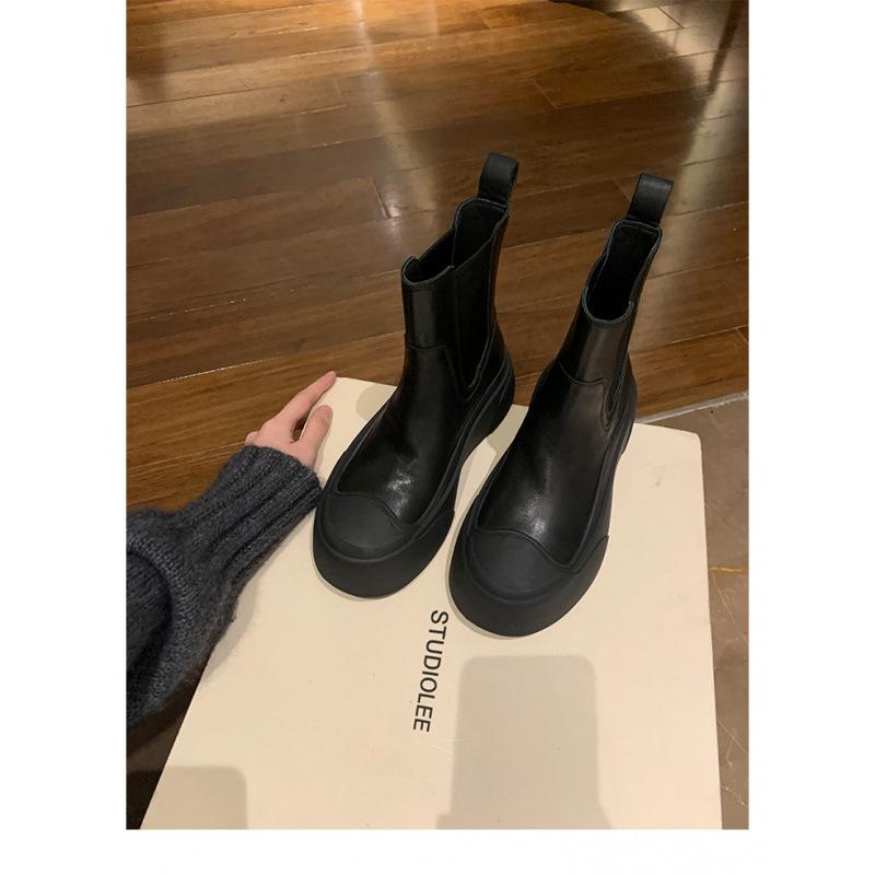 Stylish splicing small round head lazy thick bottom Chelsea one pedal thin short boots woman