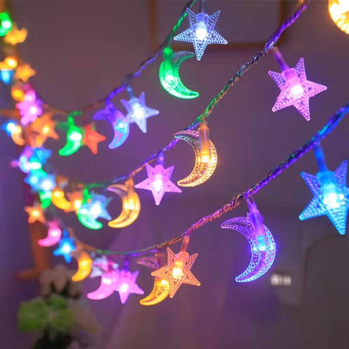 

1pc 10/20/40 LED Star and Crescent String Lights Battery Powered Ideal For Ramadan Mubarak Celebrations and Wedding Party Decor 1.5M10LED