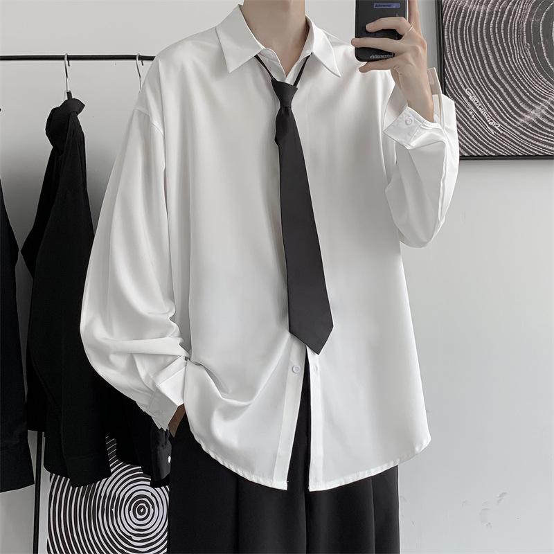 

Мужская белая рубашка с длинным рукавом: Стиль колледжа, свободный крой, корейский тренд White