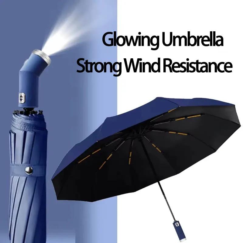 

Rotating LED Flashlight Umbrella Durable Sun Rain Dual Use 10-bone Frame Automatic Umbrella UV Protection Compact Travel Shade metal-fiber composite&10K червоний