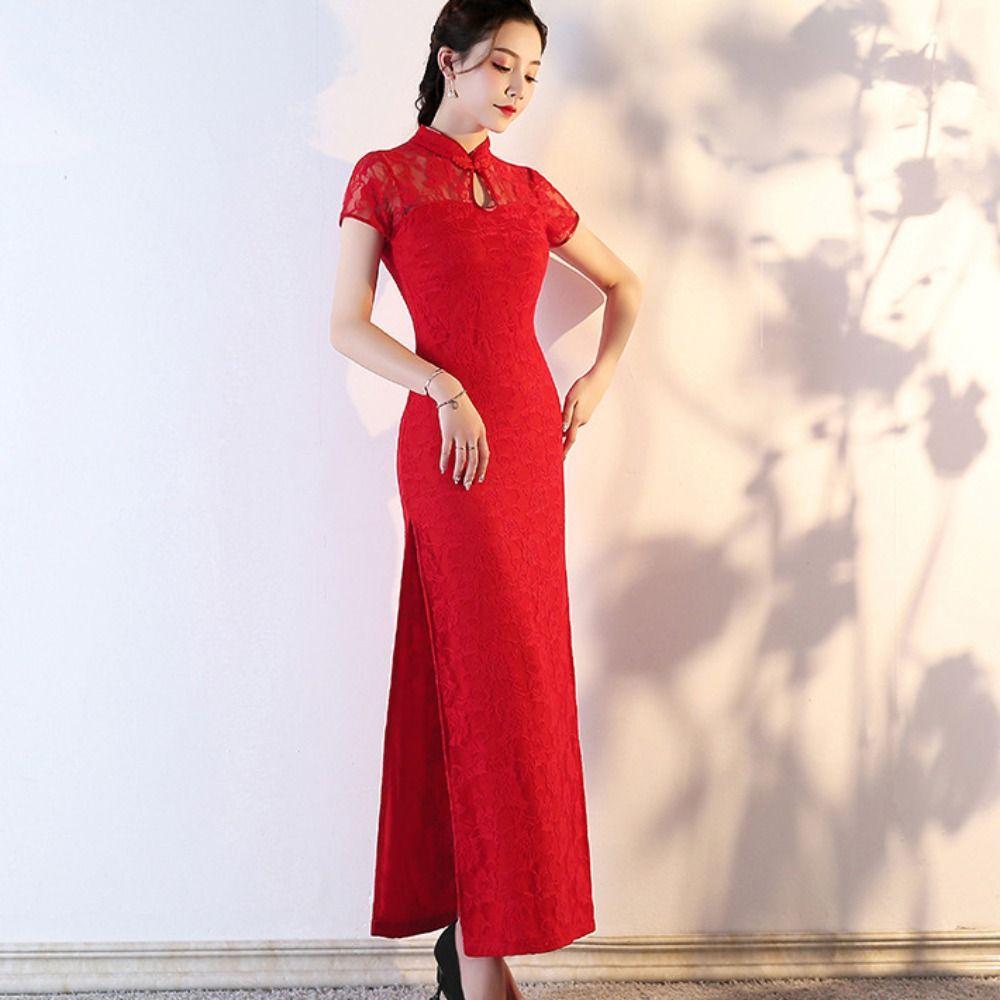 Retro Lace Cheongsam Slim Lace Traditional Qipao Wedding Dress Long Fork Cheongsam  New Year