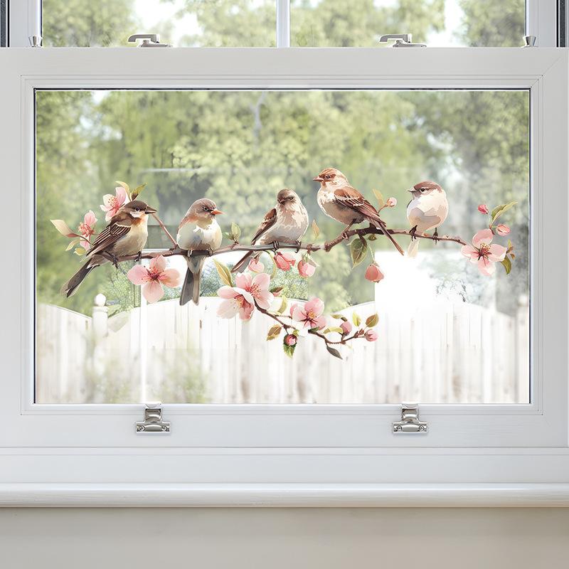 Colorful Flower Branches Bird Glass Windows Home Beautification Decoration Electrostatic Window Stickers Self-adhesive Removable