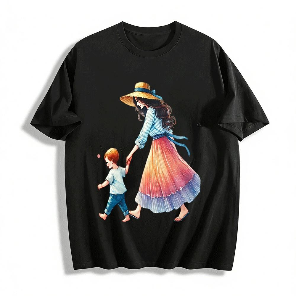 Warm Parent-child Hand-painted Print Casual Loose Short-sleeve T-shirt Pure cotton T-shirt XXS