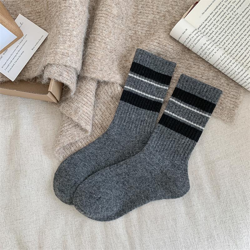 Striped Patchwork Wool Pile Socks, Dark Grey Socks, Women's Autumn and Winter Thickened Cashmere Mid-calf Socks