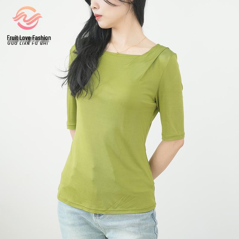 

Guo Lian Women s Asymmetric Mulberry Silk T-shirt with Irregular Neckline and Five Sleeves - Spring/Summer Fashion. Medium