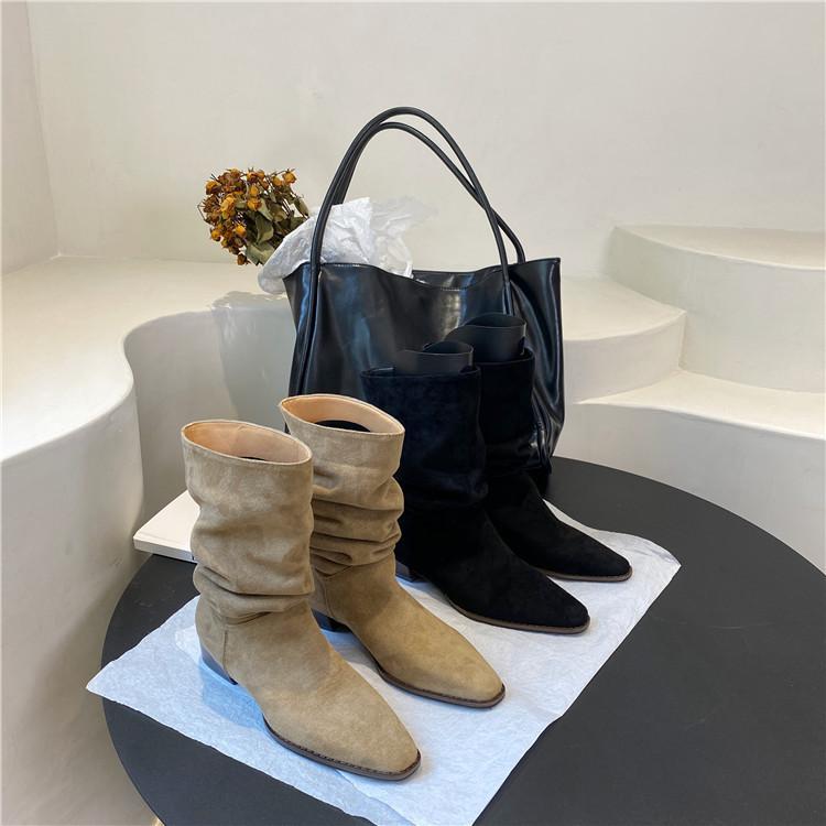 Pleated Pile Boots Retro Pointed Thick Heel Short Boots Western Cowboy Boots Sleeve Knight Boots Women's Summer