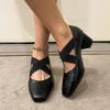 Fashion Women Pumps Thick Medium Heel Crossed Elastic Band Ballet Shoes Woman Vintage Square Toe Burgundy Pump Spring Autumn Heels Women