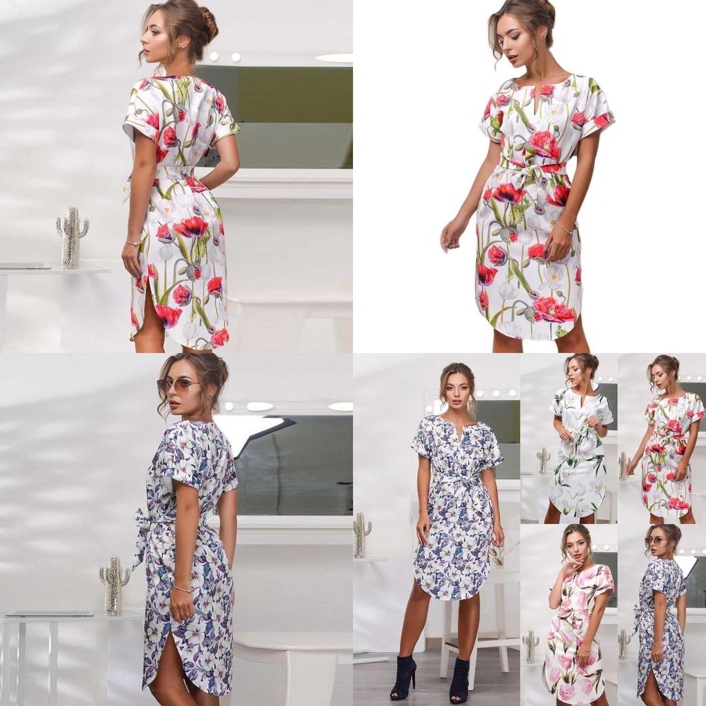 Elegant Women Short Sleeve Boho Style Midi Beach Dress With Vibrant Floral Prints