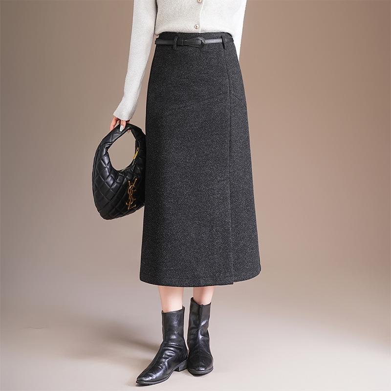 Damen Midirock in A-Linie aus dicker Wolle, Grau - Winterstyle 2025, Stilvoller Schlitz