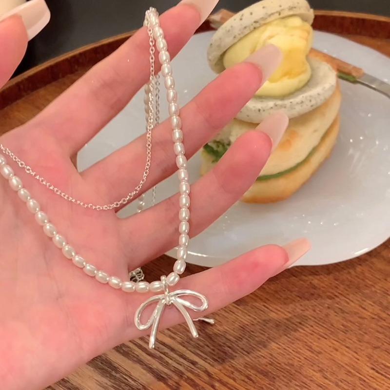 Xiaomi Bead Blogger Double Pearl Necklace Women's Bow Neck Chain Accessories Clavicle Chain Premium Sense