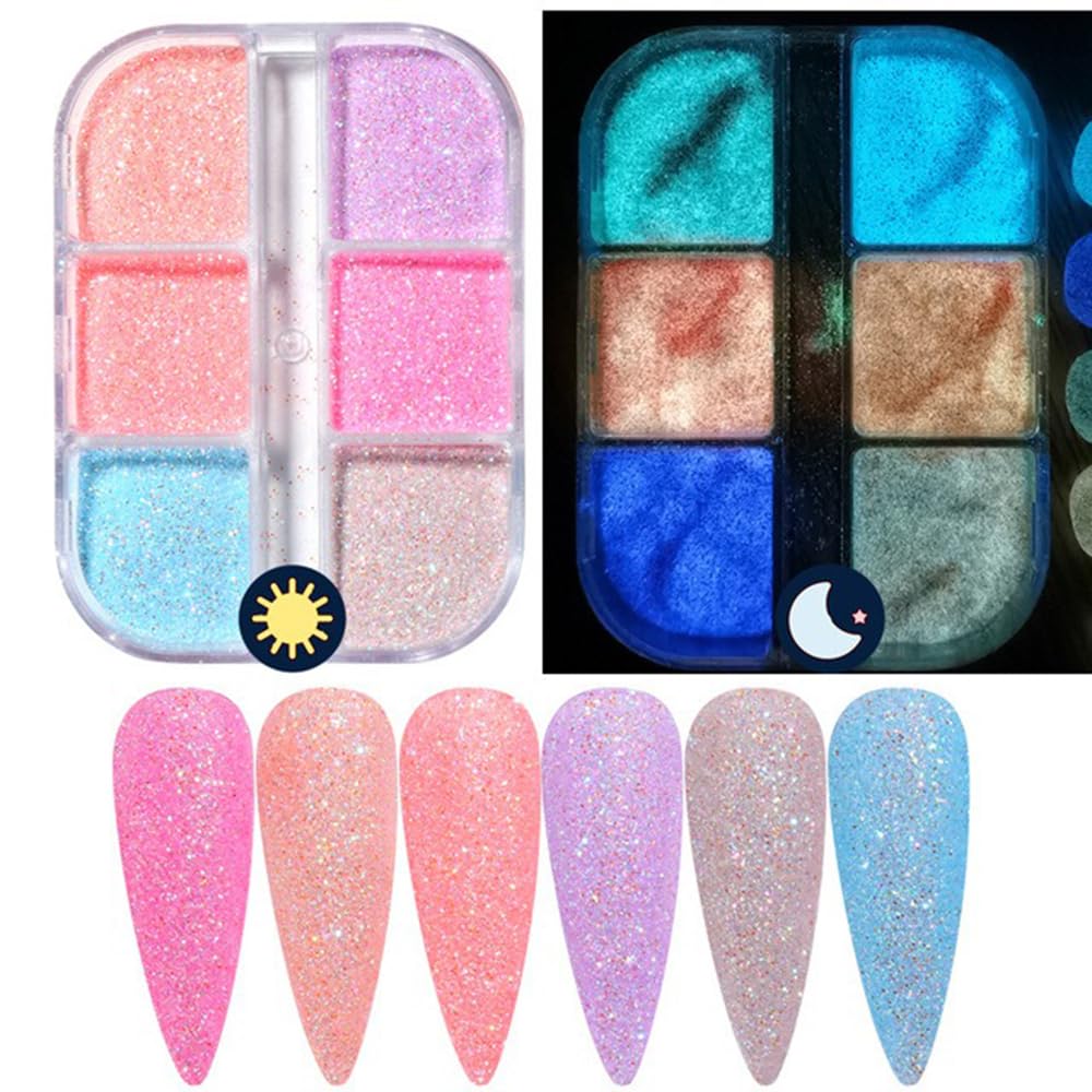 S.A.V.I Luminous Glow In Dark Nail Powder - 6 Grids Box, Sugar Glitter Art Decoration for DIY Manicure