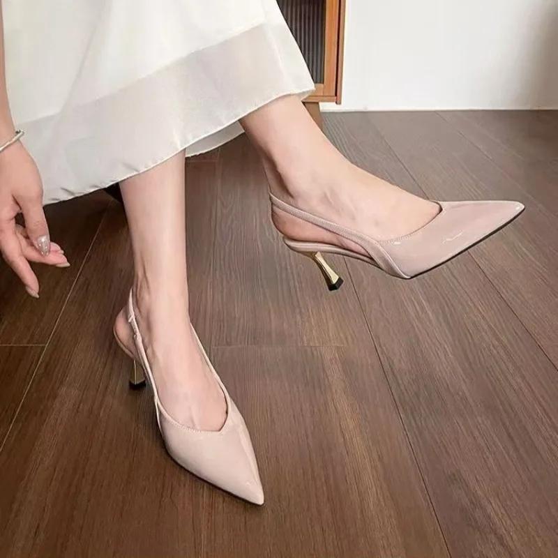 Fashion Summer 2025 Stiletto Women's French Back Trip Strap Back Empty Pointed Toe Sandals