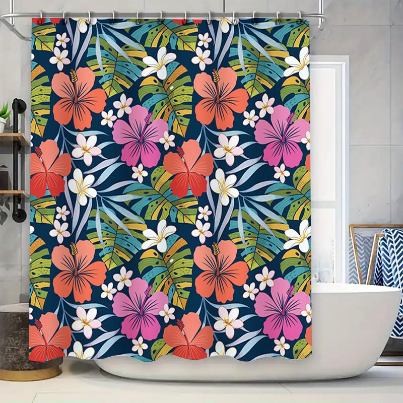 

Summer Shower Curtain With Tropical Flower Print Navy Blue Floral Bathroom Decor Pink, Orange Green Leaf Pattern Modern Home Acc W60H190(CM)-1 Pcs