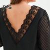 Plus Size Dress V-Neck Hollow Lace Stitching Flared Long Sleeve High Waist Mini Dress Solid Color Casual Mini Dress