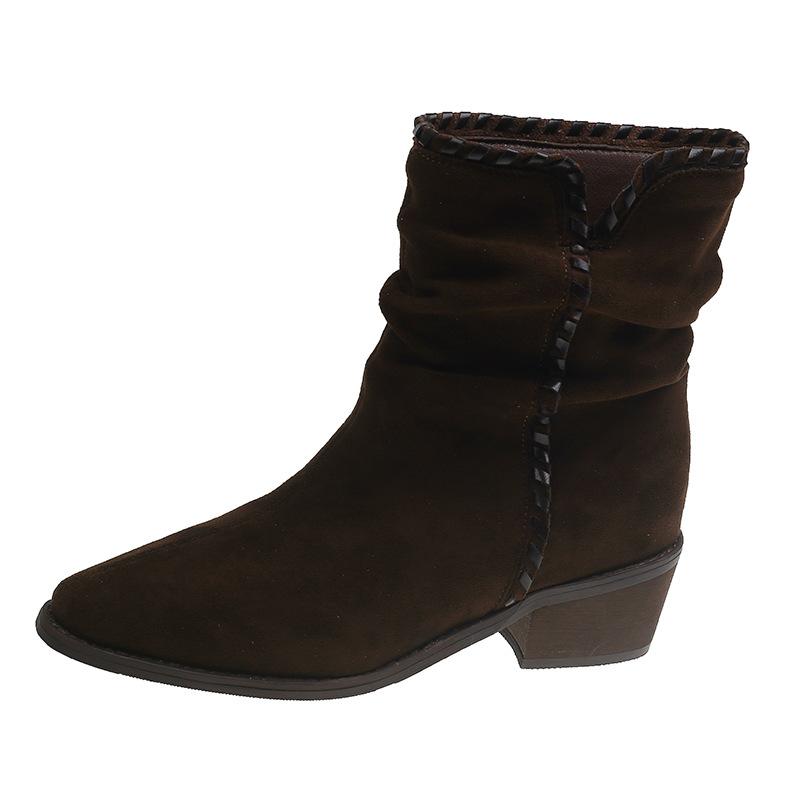 Vintage Short Boots Women Autumn Winter New Pointed Toe Outdoor Non Slip Cowboy Boots Height Increase Comfort Medium Heel Shoes 35 коричневый 4890₽