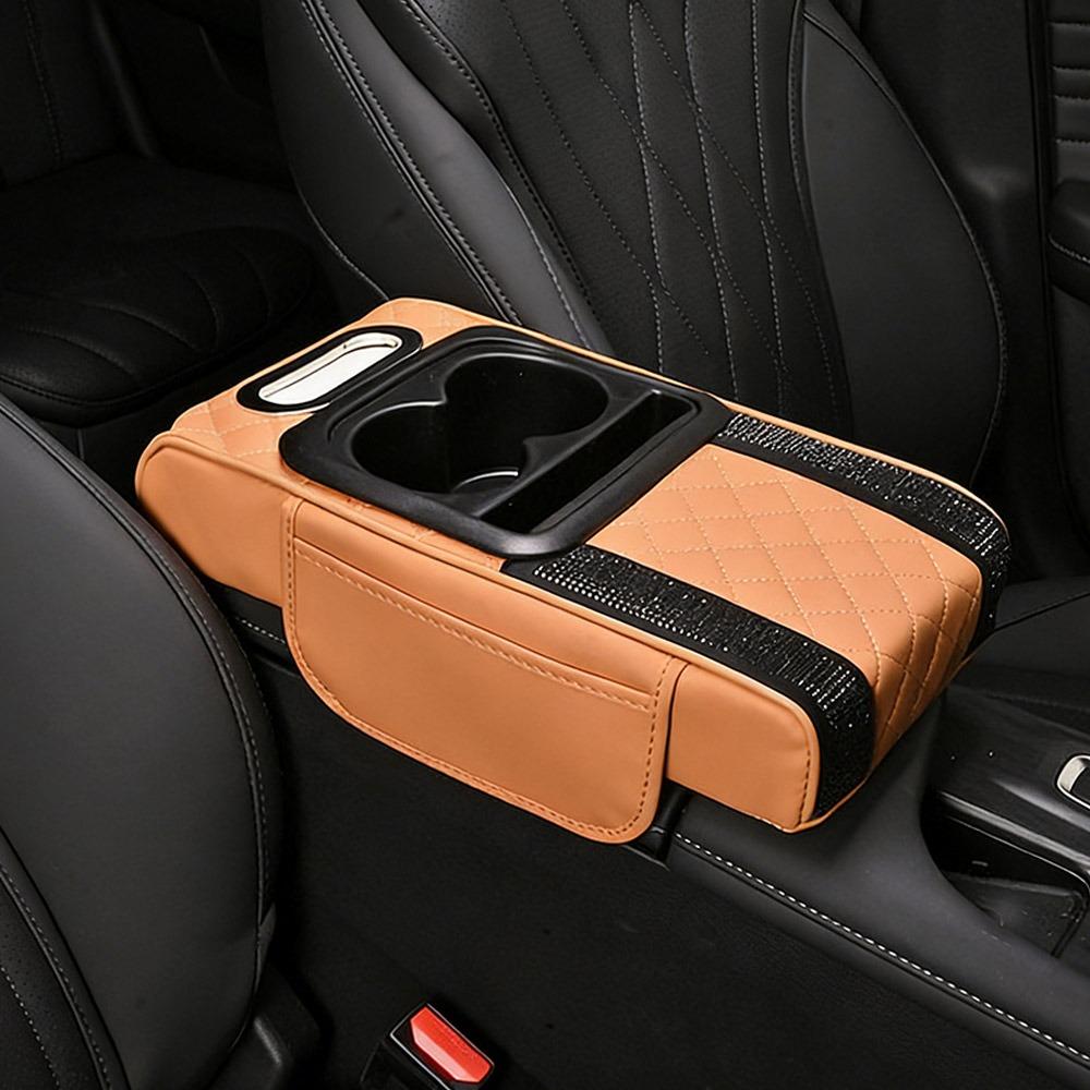 PU Leather Center Console Armrest Cushion with Cup Holder Tissue Box Height Increasing Car Armrest Pillow Multifunctional
