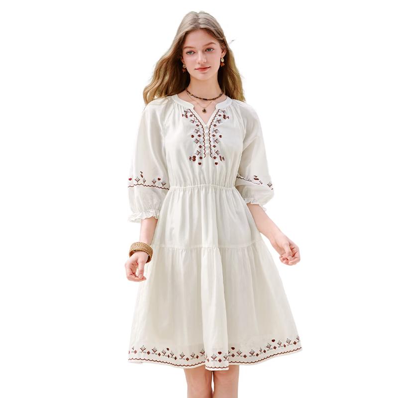 

White Embroidered Lantern Sleeve Lyocell Midi Dress L