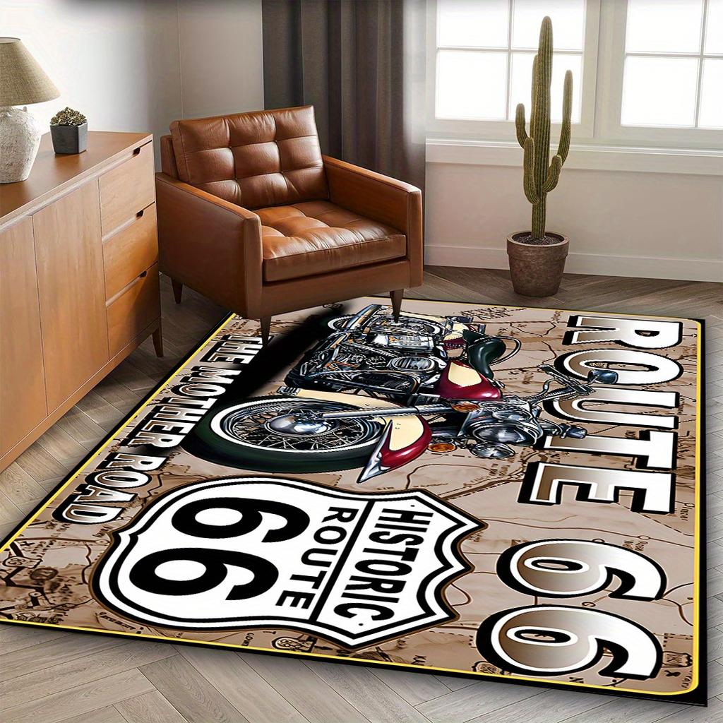 Vintage Route 66 Motorcycle Rug - Washable Non-Slip Polyester Mat for Living Room/Office, Biker Gift