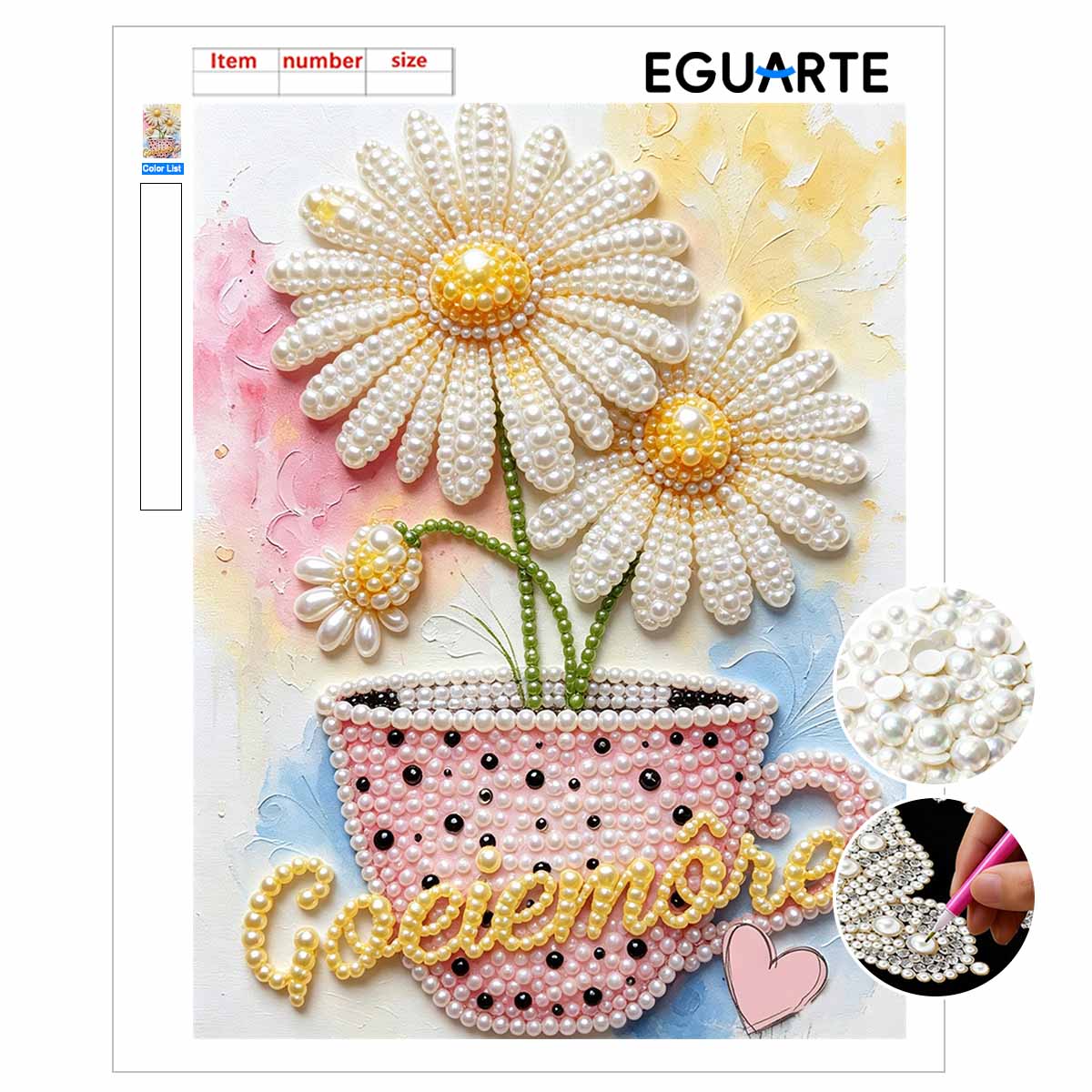 Pearl Painting Set Pearl Art DIY Handmade Crafts Daisy Flower Cappuccino Cup Pink Mug Heart Home Wall Decoration 30x40