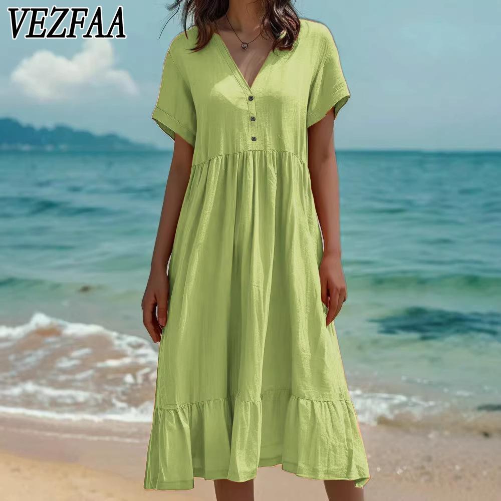 VEZFAA Damenmode Sommer Frühling Einfarbiger Druck Kurzarm V-Ausschnitt Lockere Taille Lässige Kleider