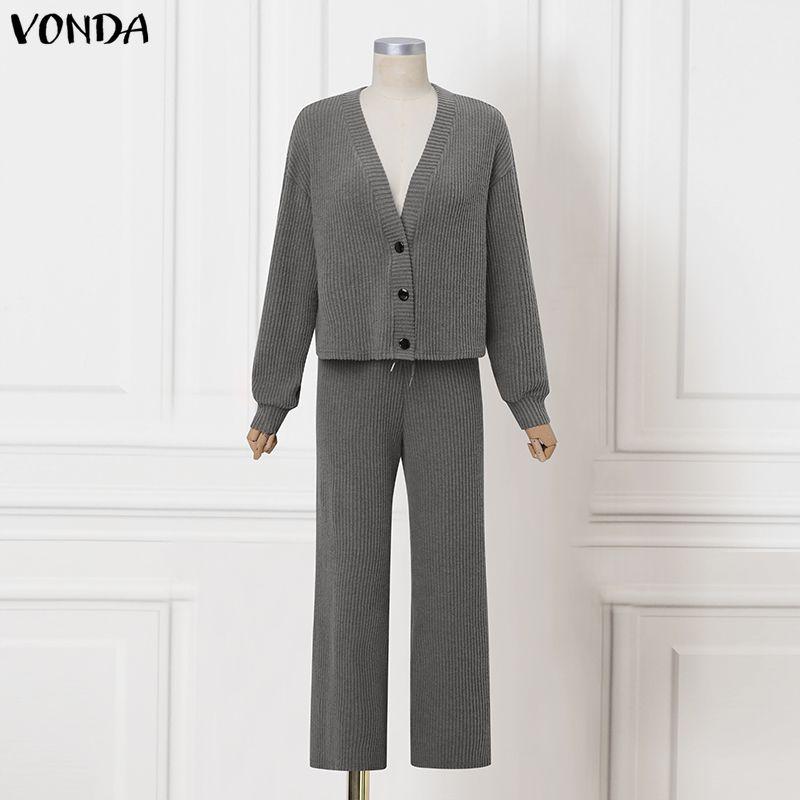 VONDA Two Piece Suit Autumn Spring Women Rib Long Sleeve Blouse and Pants Casual Sets