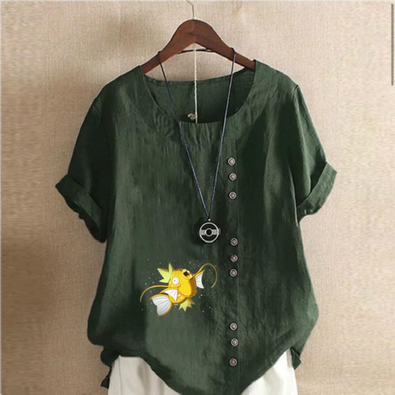 Women's Fashion Goldfish Prined Round Neck Short Sleeve T-shirt Casual Cotton Linen Graphic Shirt Leisure Loose Summer Blouse Tops
