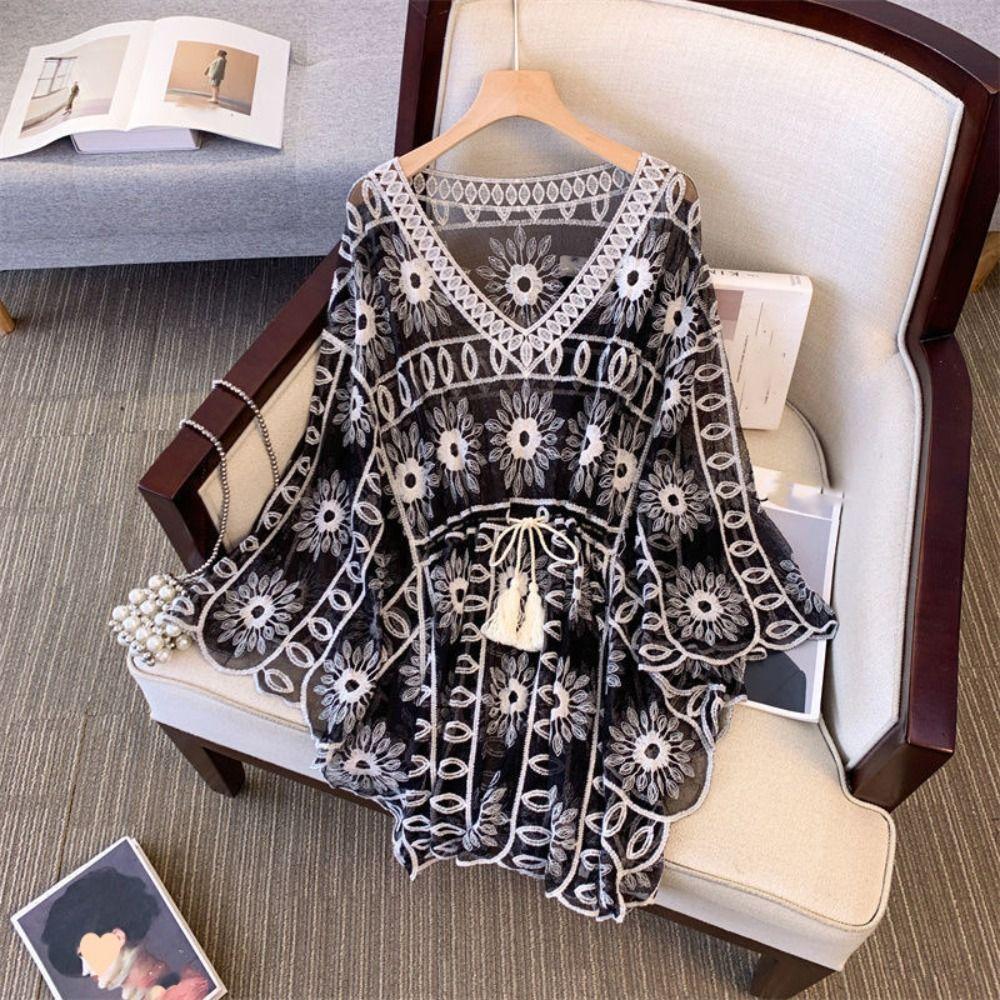 Lace Up Crochet T-shirt Women Mesh Flower Cover Up Crop Top Sun Protection Clothing  Beachwear