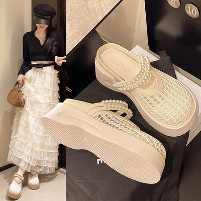 Summer Korean Version of Fashion Hole Sandals Light Thick-soled Bag Head Half Slippers Increase the Height and Breathability Hollow Mesh Shoes Steppin