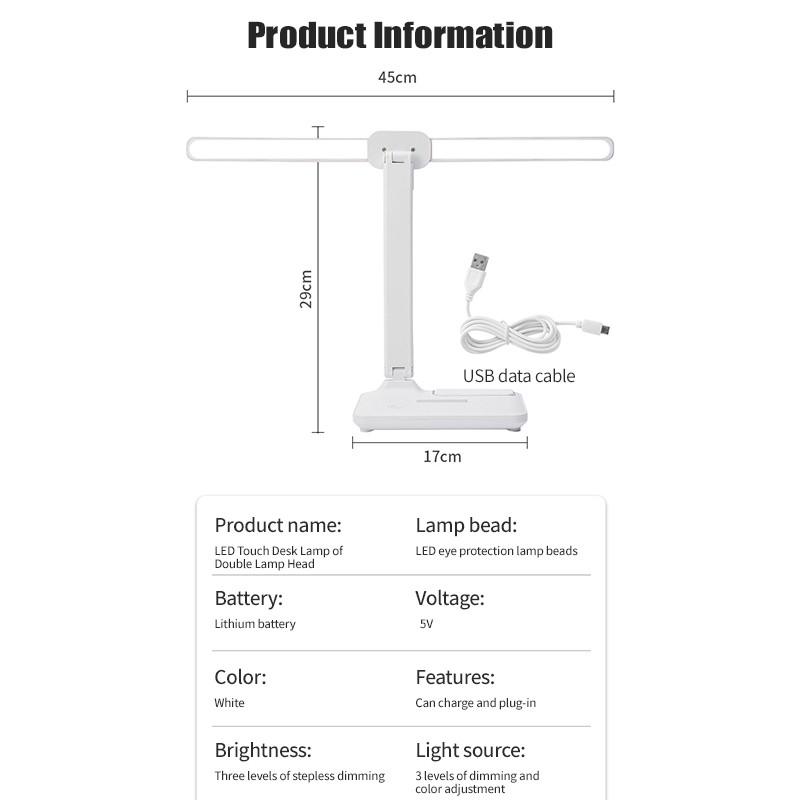 LED-Doppelkopf-Schreibtischlampe mit Halterung, wiederaufladbare USB-Tischlampe, einstellbare Helligkeit, Augenschutz, Schreibtischleuchte, Touch-Dimmung, Tischleuchte