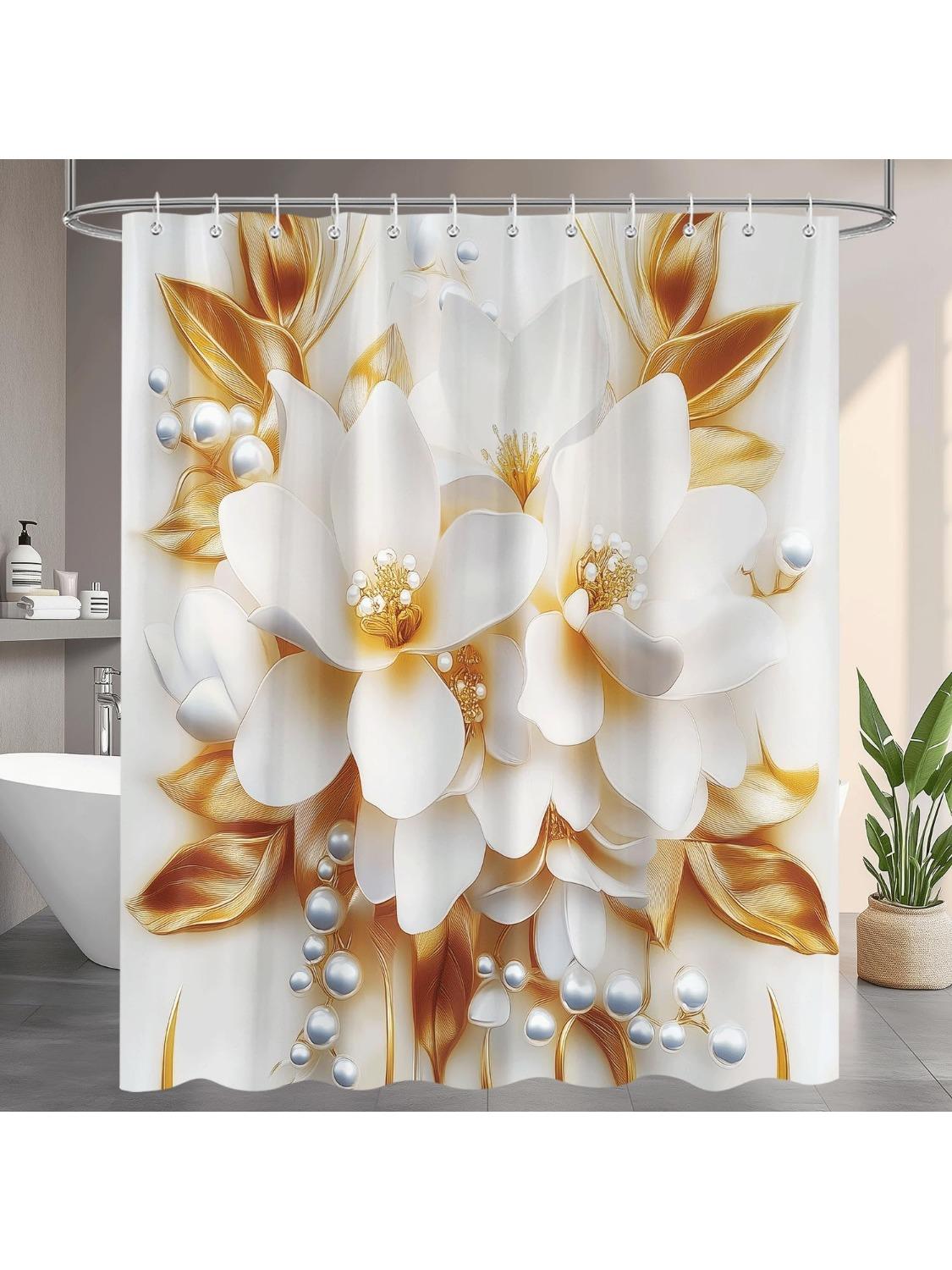 

Luxury White And Gold Floral Shower Curtain Grey Elegante Boho Fabric Modern Minimalist Hotel Bathroom Curtain Decor With W60H190(CM)-1 Pcs