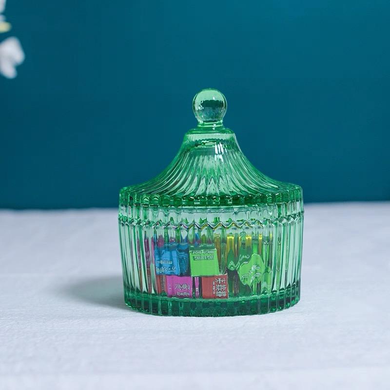 European Retro Cube Crystal Glass Storage Jar,Candy Snack Glass Jar With Lid Aromatherapy Candlestick Container Home Decoration