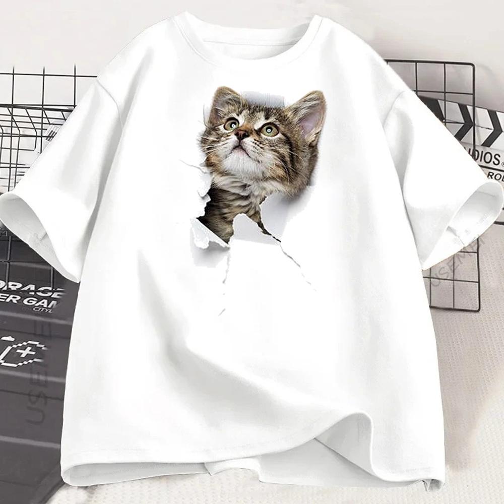 2D Peeking Cat Print Tshirt Funny Realistic Kitten Graphic Tee Cute Cat Tee for Unisex Unisex Casual Short Sleeve Crew Neck Tops