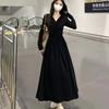 Long-sleeved new design French temperament dress retro waist black thin bottom pleated V-neck