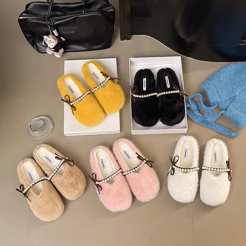 2025 French Large Size Flat Bottom Versatile Bag Head Half Slippers Femininity Slippers Fashion with Skirt Gentle Fluffy Shoes