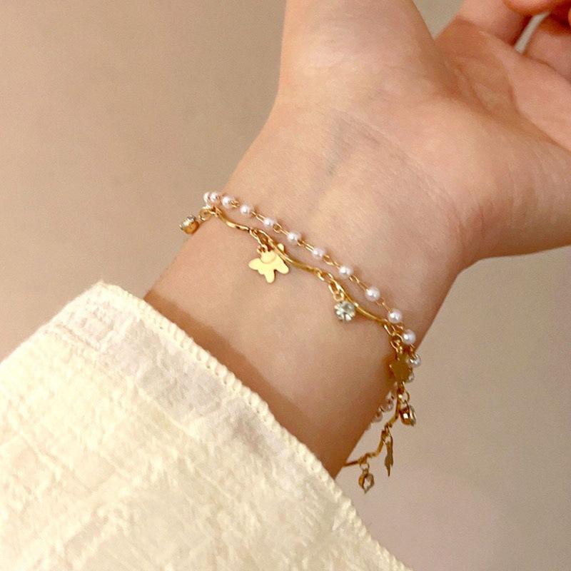 Korean Style Double Layer Pearl Gold Butterfly Necklace - Luxury Simple Sweater Chain золотой