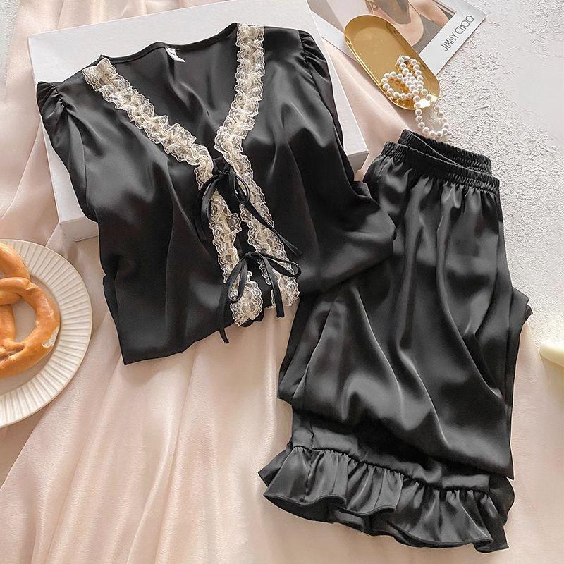 2025 Spring/Autumn Women's French Ice Silk Lace Pajama Set - Sweet Home Wear