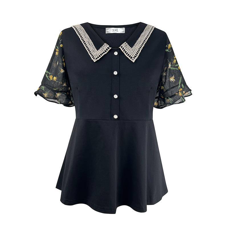 Plus Size Women's Summer New Skinny Covered Lotus Sleeve Temperament V Neck Short Sleeved Top