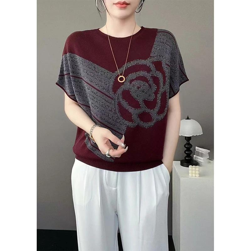 Women s Black Grey Camellia Print Knit Short Sleeve Crew Neck Top M красный