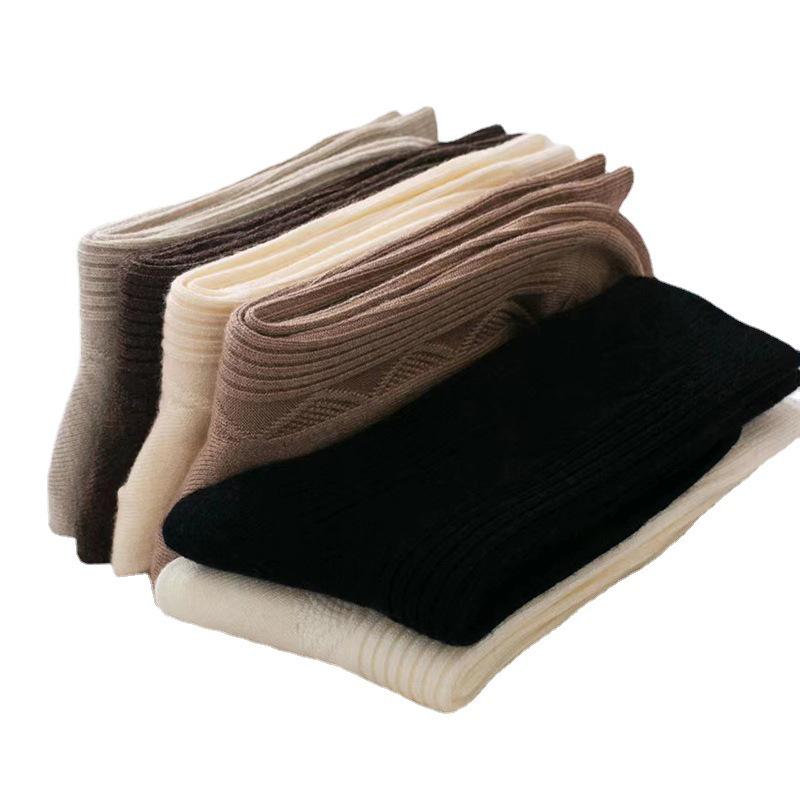 Warm Wool Women's Mid-Calf Slouch Socks - Double Needle, Thick Striped, Solid Color for Autumn & Winter