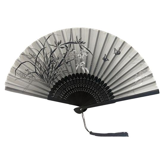 Folding Fan with Tassel Style Chinese Bamboo Hand-painted Flower Leaf Print Dance Performance Photo Props