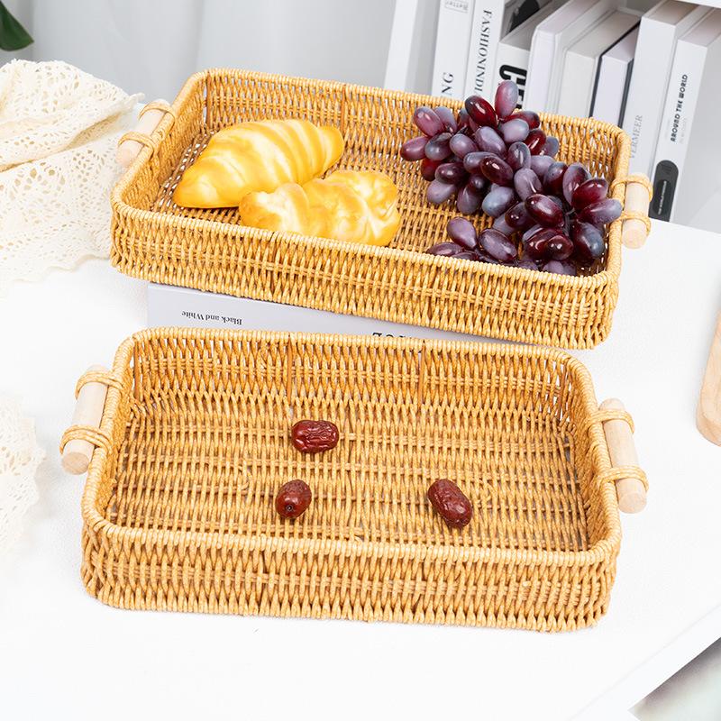 Multi-Use Pp Woven Storage Basket With Wooden Handle Modern Rectangular Shallow Bin For Living Room Bedroom Kitchen Hotel Servic