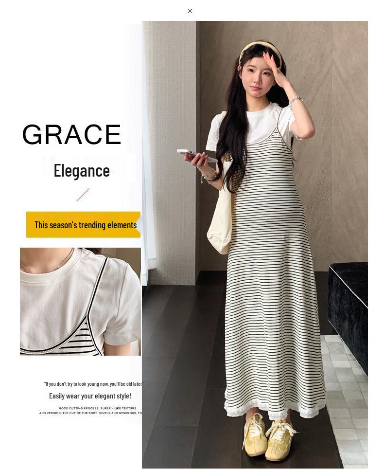 2026 Summer Casual Maternity Two-Piece Set: Short-Sleeved T-Shirt + Striped Slimming Overalls Skirt