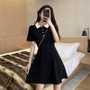 Women's Petite Black Polo Collar Waist-Cinching Dress - 2025 Summer Little Black Dress
